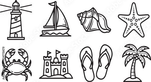 A delightful collection of beach and ocean-themed illustrations. Vector