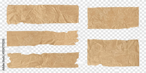 A collection of vintage torn brown cardboard pieces and aged paper labels with a rough grunge texture isolated on a white blank frame