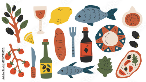 Mediterranean Food Cut Out Elements Set. Hand Drawn Minimal Abstract collection olive tomatoes lemon wine fish artichoke. Bright Playful, summer vector illustration natural texture modern aesthetic