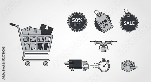 E commerce and online shopping icons including sale tags shopping cart drone delivery and packages
