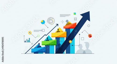 Business growth graph with colorful bars and upward trending arrow symbolizing success and progress in a modern vibrant illustration style
