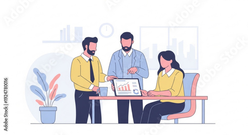 Three professionals collaborating around a desk with laptop and data visualization in a modern office setting with potted plant