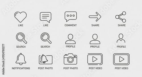 Social media icons for likes comments shares search profile notifications posting photo and video on gray background