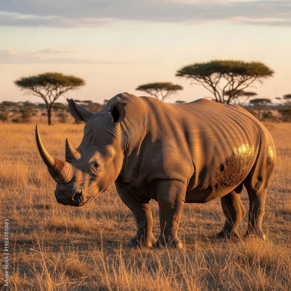 Fototapeta premium Majestic rhinoceros in the African savanna at golden hour.