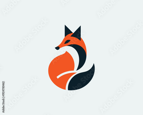 Fox sitting curled up with bushy tail minimalist geometric logo nature icon vector illustration