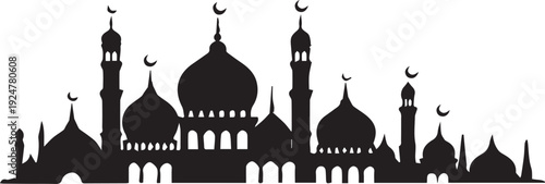 Silhouette illustration depicting an elaborate skyline of classic mosque architecture featuring multiple domes and minarets against white.