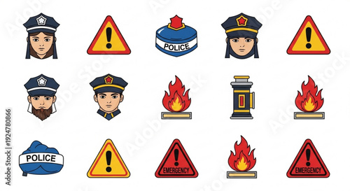 Police officers and warning signs with flames on white background
