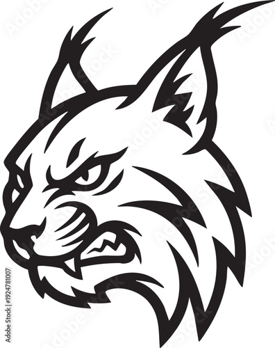 A fierce, stylized head of a lynx, rendered in black and white, exudes a sense of strength and focus. Ideal for sports teams, this image embodies tenacity and power.
