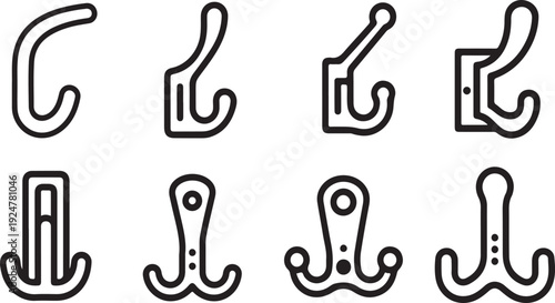 A collection of various hook shapes and designs displayed in a grid layout. Vector
