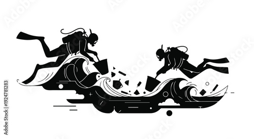 Divers collecting ocean debris to protect marine life and preserve the underwater world.