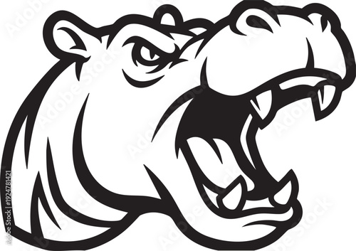 An illustration of a fierce hippo with its mouth wide open, showcasing impressive teeth.