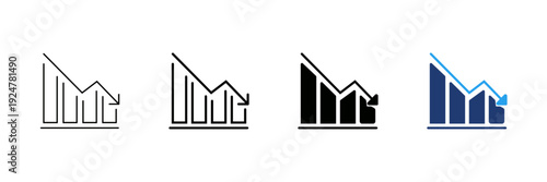 Set of minimalist declining bar graph icons with transparent background, depicting financial loss, market fall, business downturn, and economic recession, vector illustration
