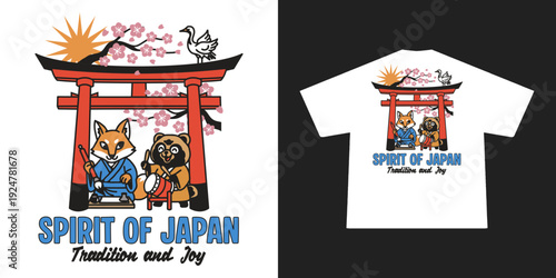 Fun and colorful Japanese culture cartoon illustration with torii gate, kitsune, tanuki, sakura, and crane. Flat vector style ideal for t-shirts, stickers, and travel or cultural merchandise
