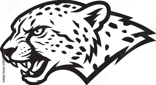 A fierce cheetah profile, its powerful features in a dynamic black and white illustration.