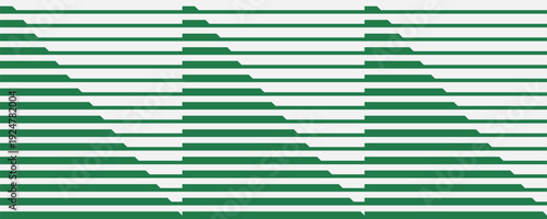 Abstract green and white horizontal stripe pattern with stepped geometric rhythmic background. Degrade optical lines