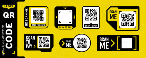 Qr code scan me stickers and buttons with arrows and labels. Mobile sticker frame for logo scanner smartphone tag and vector app bar.