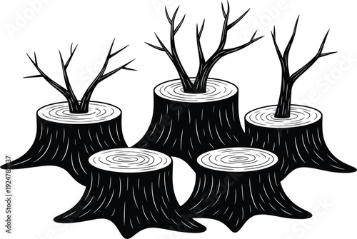 Tree stumps with branches silhouette illustration, cut wood logs isolated on white background vector forest deforestation concept graphic