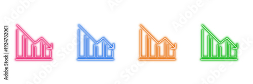 Neon glowing declining chart vector icons set, statistics, financial loss, market downturn, business crisis, vibrant colorful digital design illustration on transparent background.