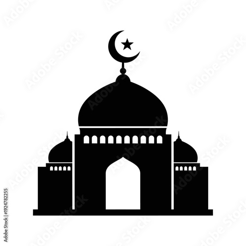 Black silhouette of mosque with dome and minarets