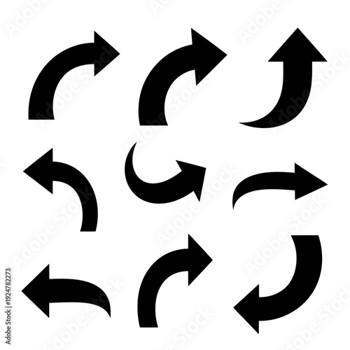 Black curved arrow set collection on white background