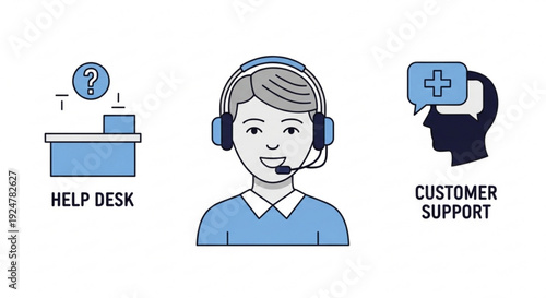 Customer support agent with headset help desk icon and support symbol for assistance and service