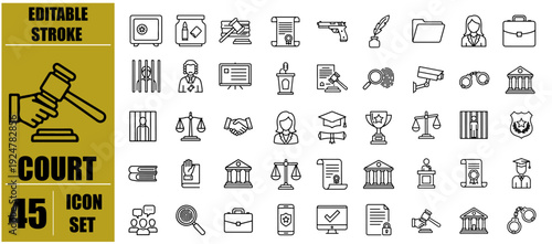 Legal icons set including gavel judge and courthouse elements