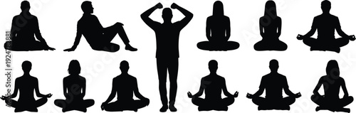 Black silhouette set of people in various yoga poses and meditation positions isolated on white background for wellness and health.