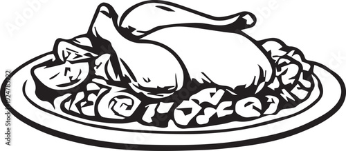 Delicious roasted chicken dinner with vegetables on a plate served for a special holiday meal celebration