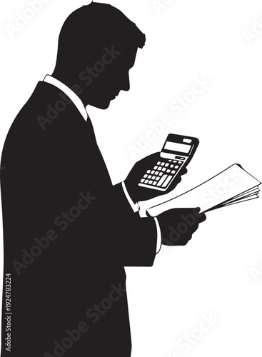 Businessman silhouette holding calculator and reviewing financial papers vector illustration