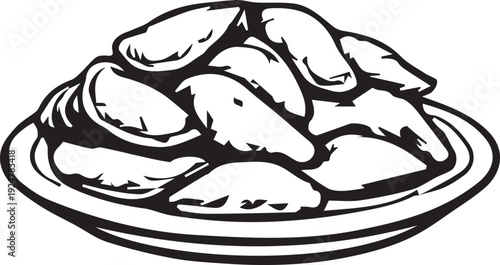 Simple black and white line art illustration of a generous serving of delicious steamed dumplings piled high on a plate.