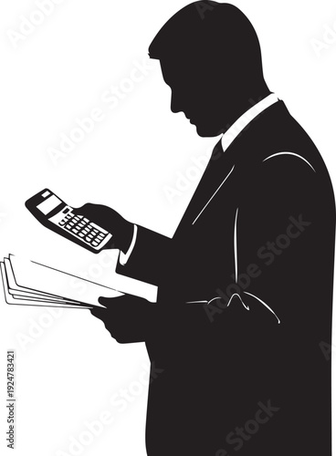 Professional accountant silhouette vector illustration with calculator and papers line art