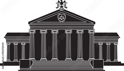 Neoclassical courthouse building scales of justice governmental legal system silhouette illustration line art vector