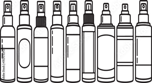 Assorted spray bottles lined up in a row, showcasing different shapes and sizes Vector