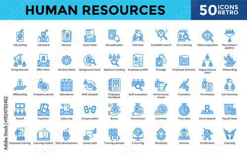 Human Resources icons set with job posting, job board, resume, cover letter, job application, interview, candidate search, offer letter icon. Simple retro vector 
