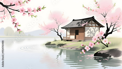 Peaceful riverside cottage surrounded by spring blossoms
