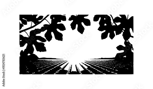 Decorative Fig Leaf Arch Frame with Golden Sunset Agricultural Field Vector