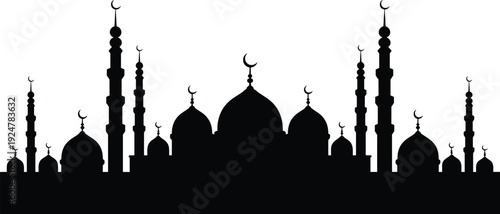 Black silhouette of a beautiful mosque skyline with domes and minarets isolated on white background for Islamic festivals and culture.
