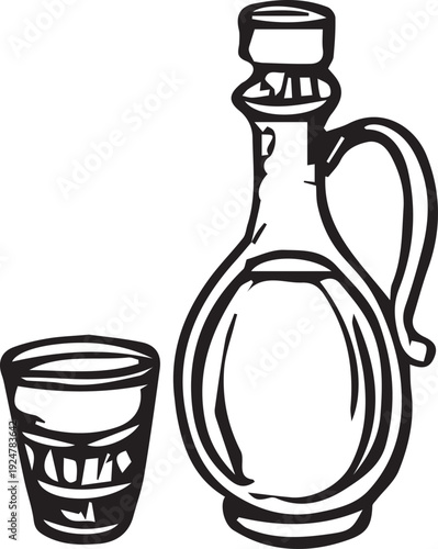 Simple black and white vector illustration of a traditional glass pitcher with handle next to a small drinking glass.