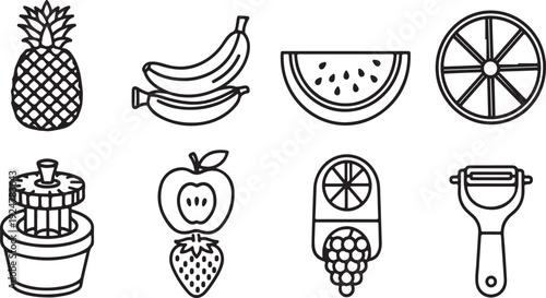 A collection of fruits and kitchen tools for preparing them Vector