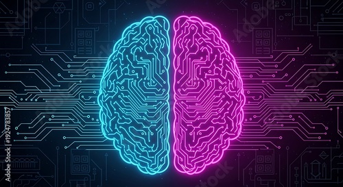 Neon brain illustration dual hemispheres in cyberpunk style