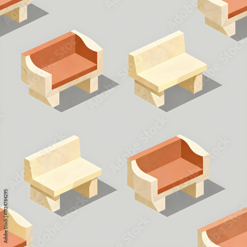 Arrangement of marble textured isometric benches