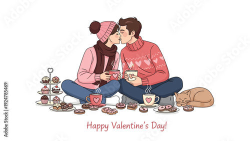 Romantic couple sitting on the floor sharing tea and sweets with their pet cat on a happy Valentine's day evening.