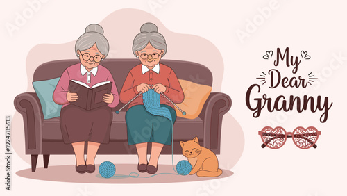 Two elderly women sitting on a sofa while one reads a book and the other knits a blue scarf with her pet ginger cat.