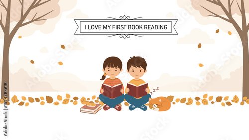 Young boy and girl sit together on autumn grass reading books surrounded by falling leaves and a sleeping cat in a park.