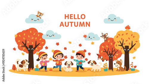 Happy children and cute dogs play among colorful autumn trees as leaves fall from the sky in a cheerful park scene.