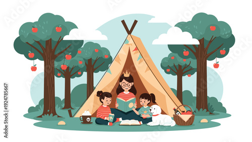 Woman wearing a crown reads a storybook to two young children inside a cozy tent set up in a lush green apple orchard.
