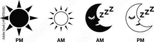 Set of black and white minimalist AM PM icons featuring sun and sleeping moon silhouettes for day night time tracking