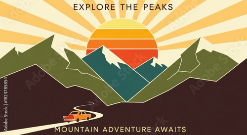 Vibrant mountain landscape with car on winding road at sunset adventure travel