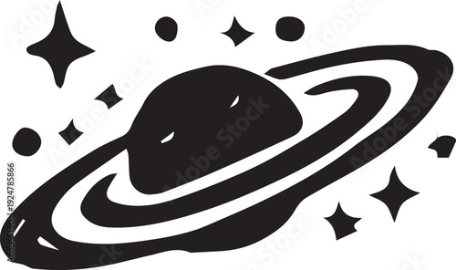 A stylized black silhouette of Saturn with its distinctive rings, surrounded by twinkling stars and celestial dots.