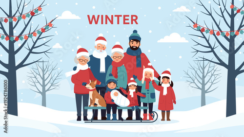 Large multi-generational family stands together in a snowy winter landscape with bare trees and festive decorations.
